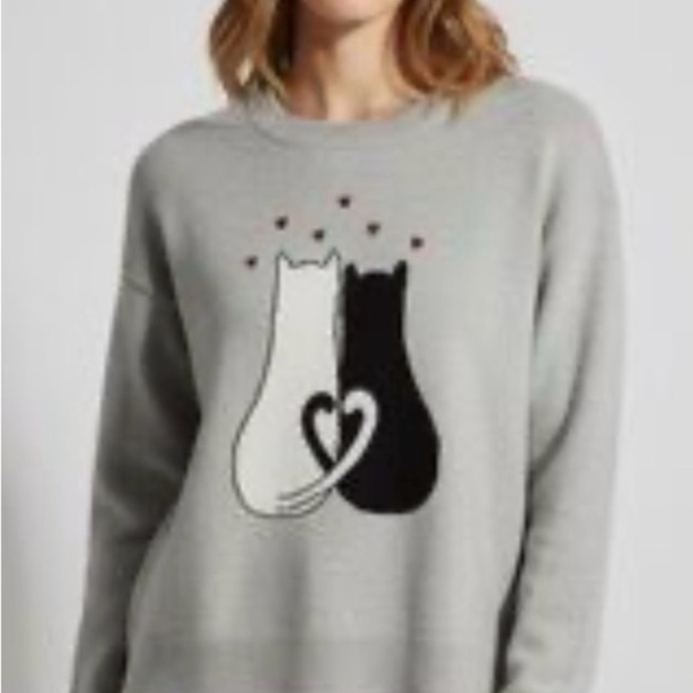 NEW ANTHROPOLOGIE CALLIGRAPHIE Charming Cat ❤️Duo❤️ Gray Sweater Sz L
